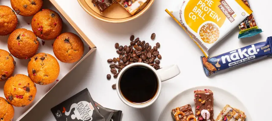 coffee, traybakes, breakfast bars and fruit